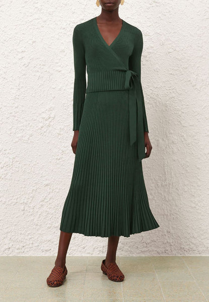 Zimmermann Pleated Rib Midi Skirt, Dark Green