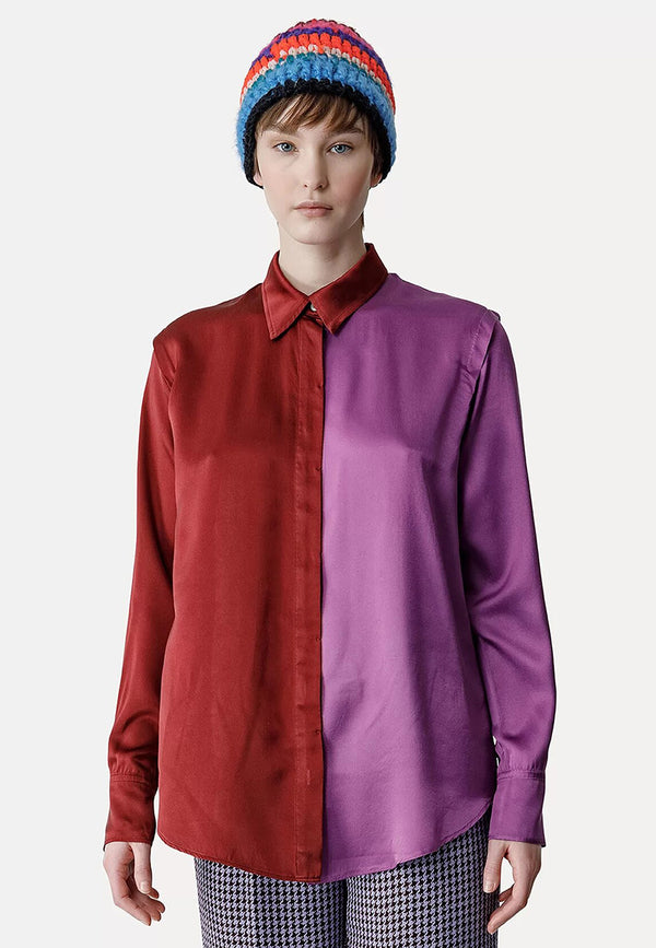 Color block satin silk shirt