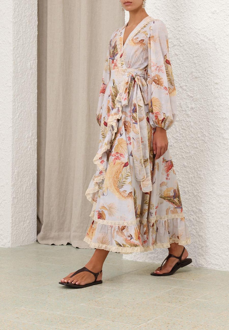 knee length dresses for ladies Zimmermann Ascension Frill Midi Dress, Light Blue Palm Floral