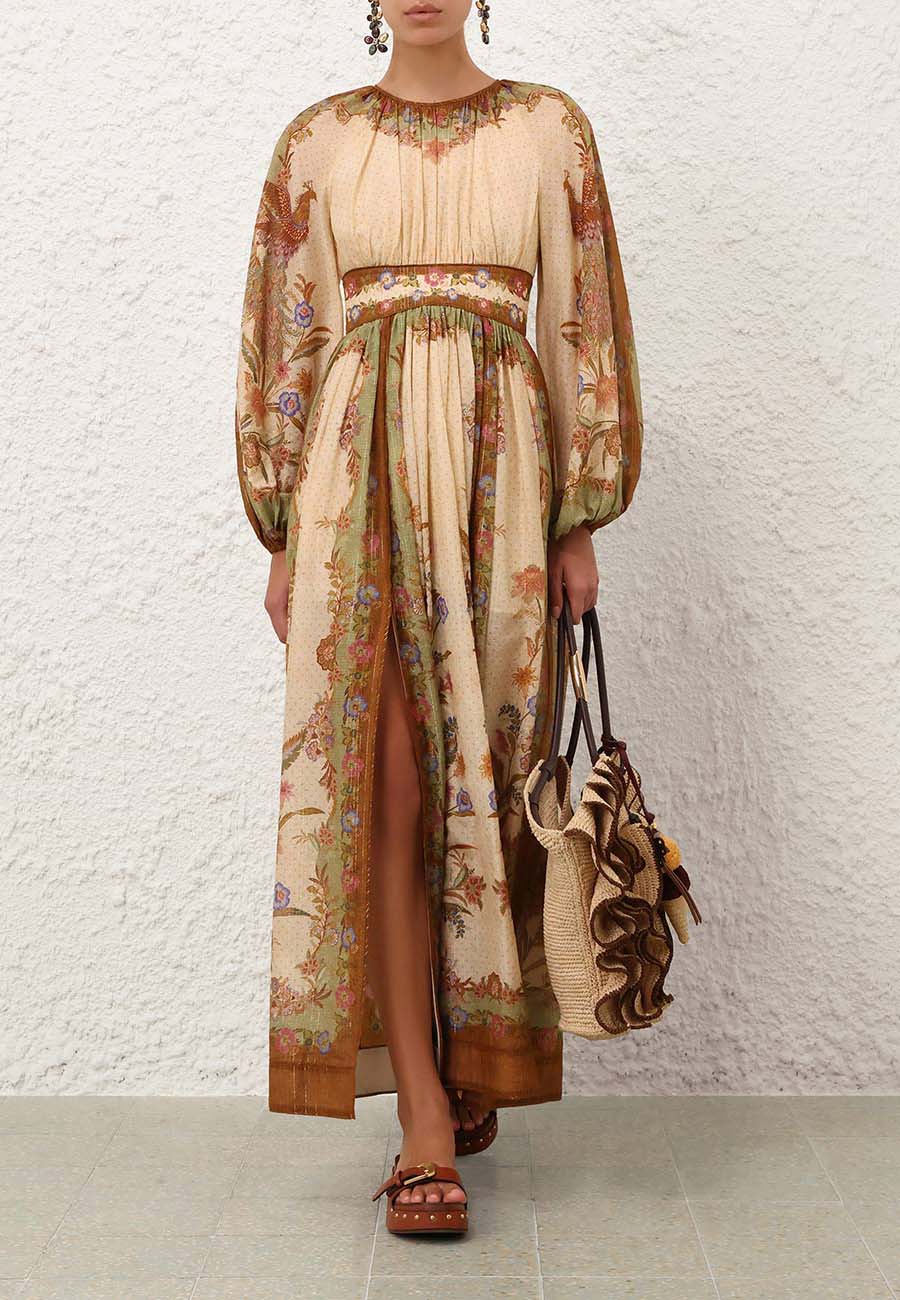indra maxi dress Zimmermann Indra Waisted Maxi Dress, Cream Khaki Scarf Floral