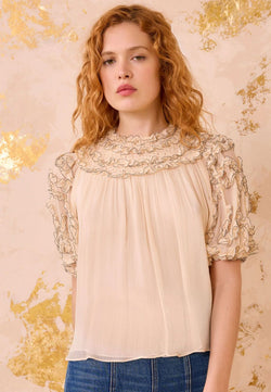 Isolda Silk Smocked Short Sleeve Blouse