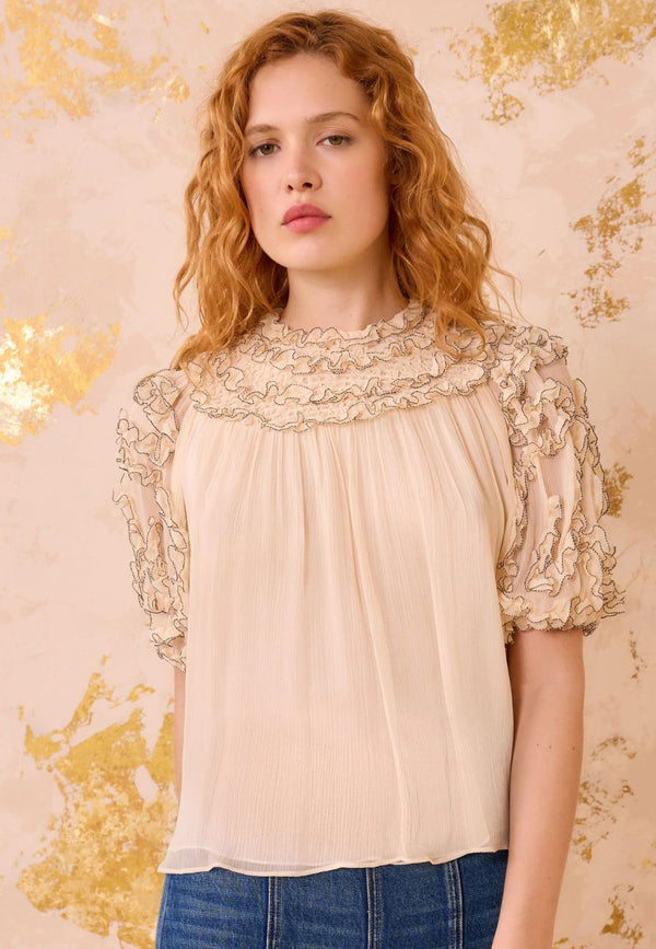 Isolda Silk Smocked Short Sleeve Blouse