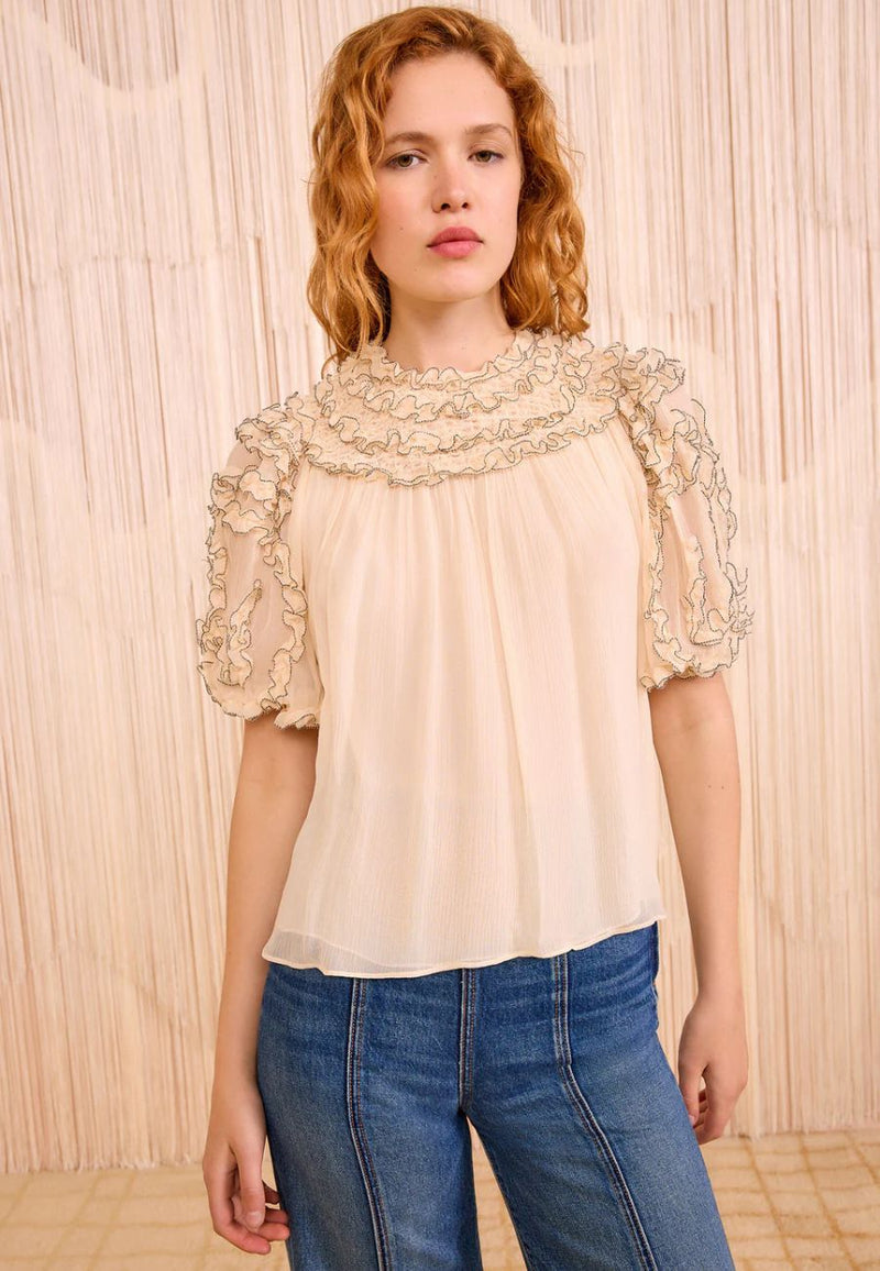Isolda Silk Smocked Short Sleeve Blouse
