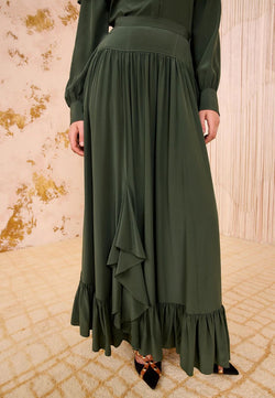 Lilou Silk High Waist Ruffle Midi Skirt
