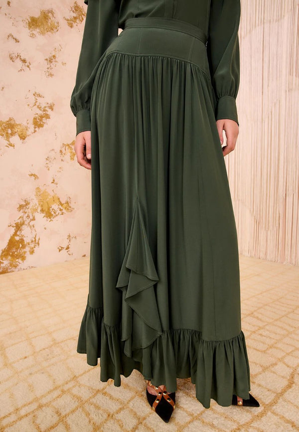 Lilou Silk High Waist Ruffle Midi Skirt