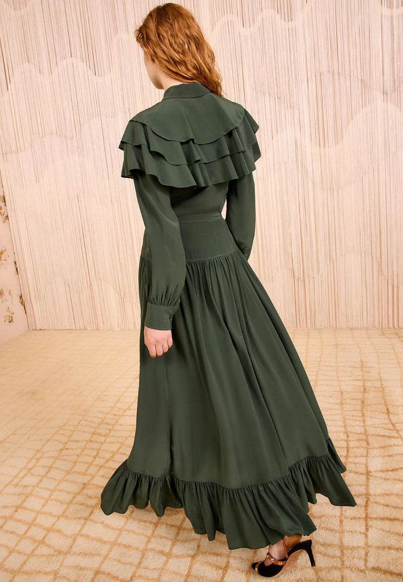 Lilou Silk High Waist Ruffle Midi Skirt