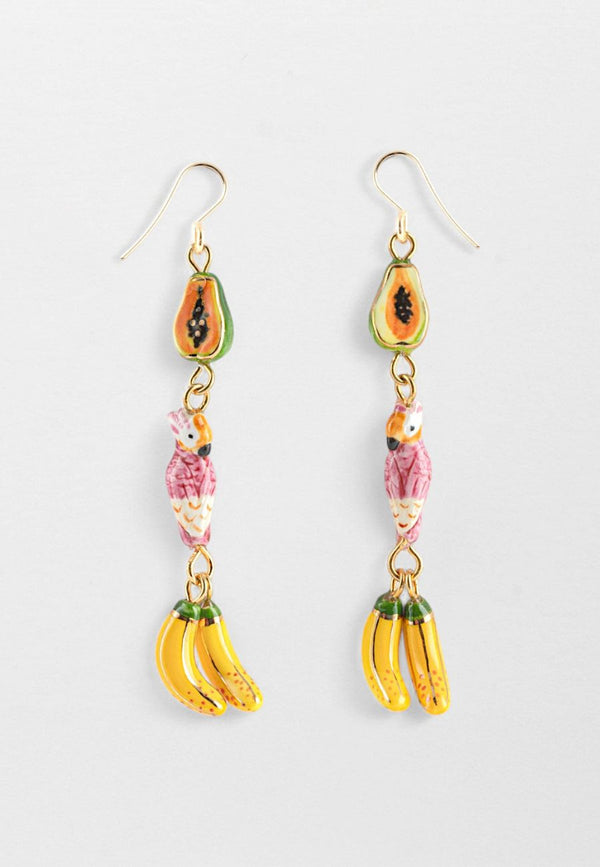 Papaya cockatoo and bananas earrings