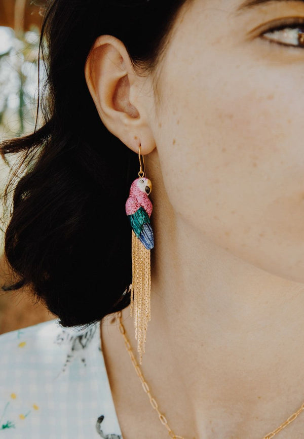 Pink Parrot with Fringes earrings