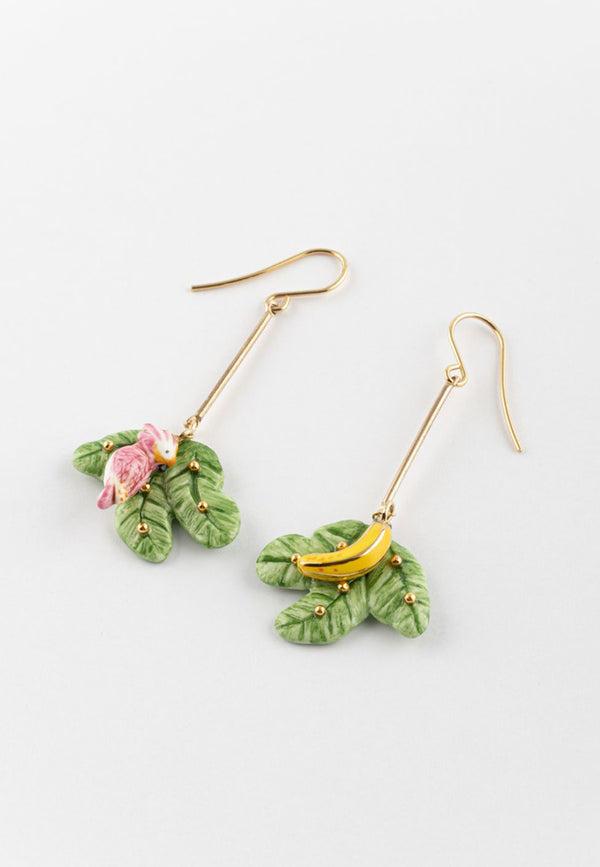 Banana Tree leaves with Gold Beads pendant earrings - Vibration