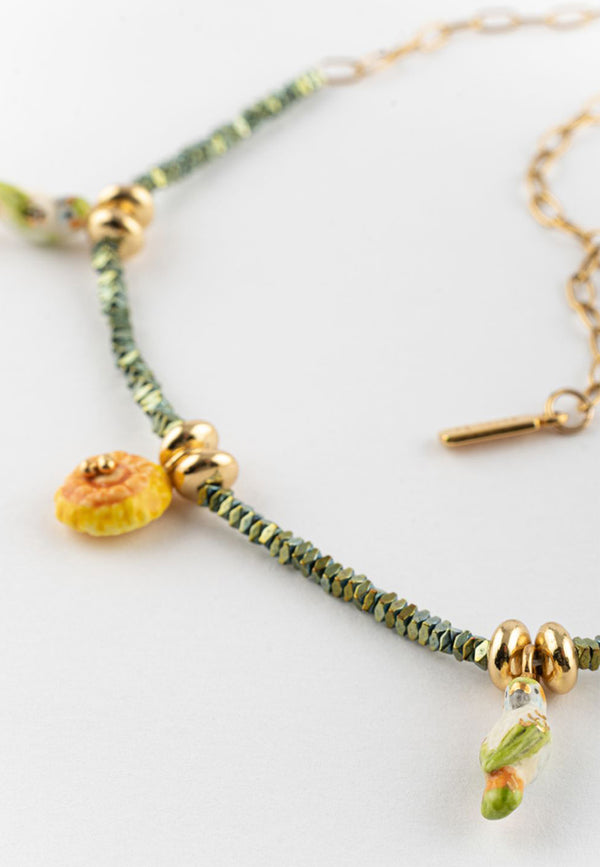 Yellow Dandelions & Budgerigars with Hematite Beads necklace - Poésie