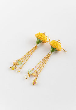 Yellow Dandelion pendant earrings with Multicolor Beads - Poésie