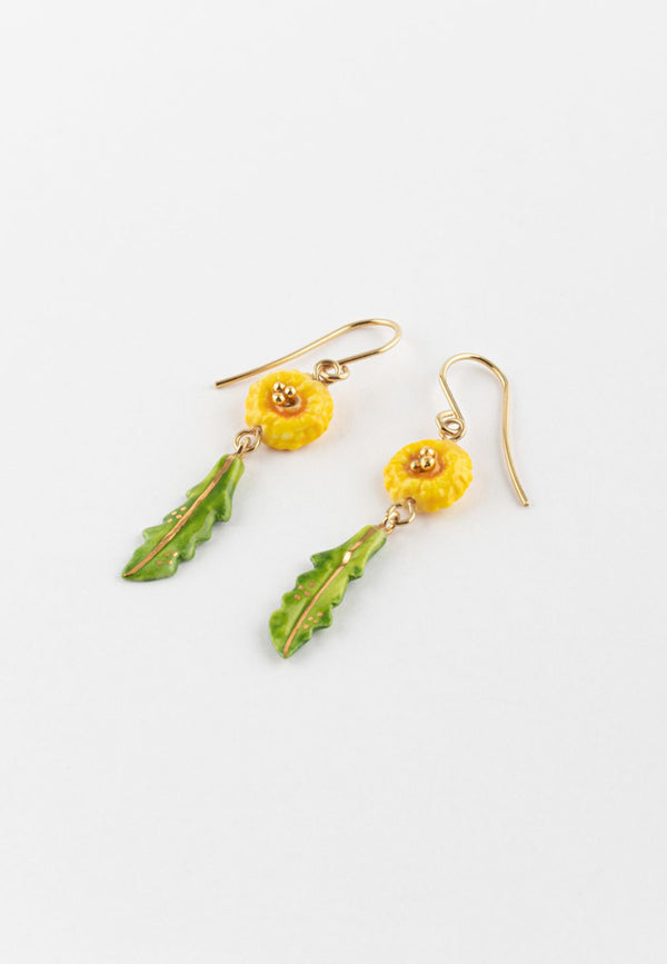 Yellow Dandelion with Leaf pendant earrings - Poésie