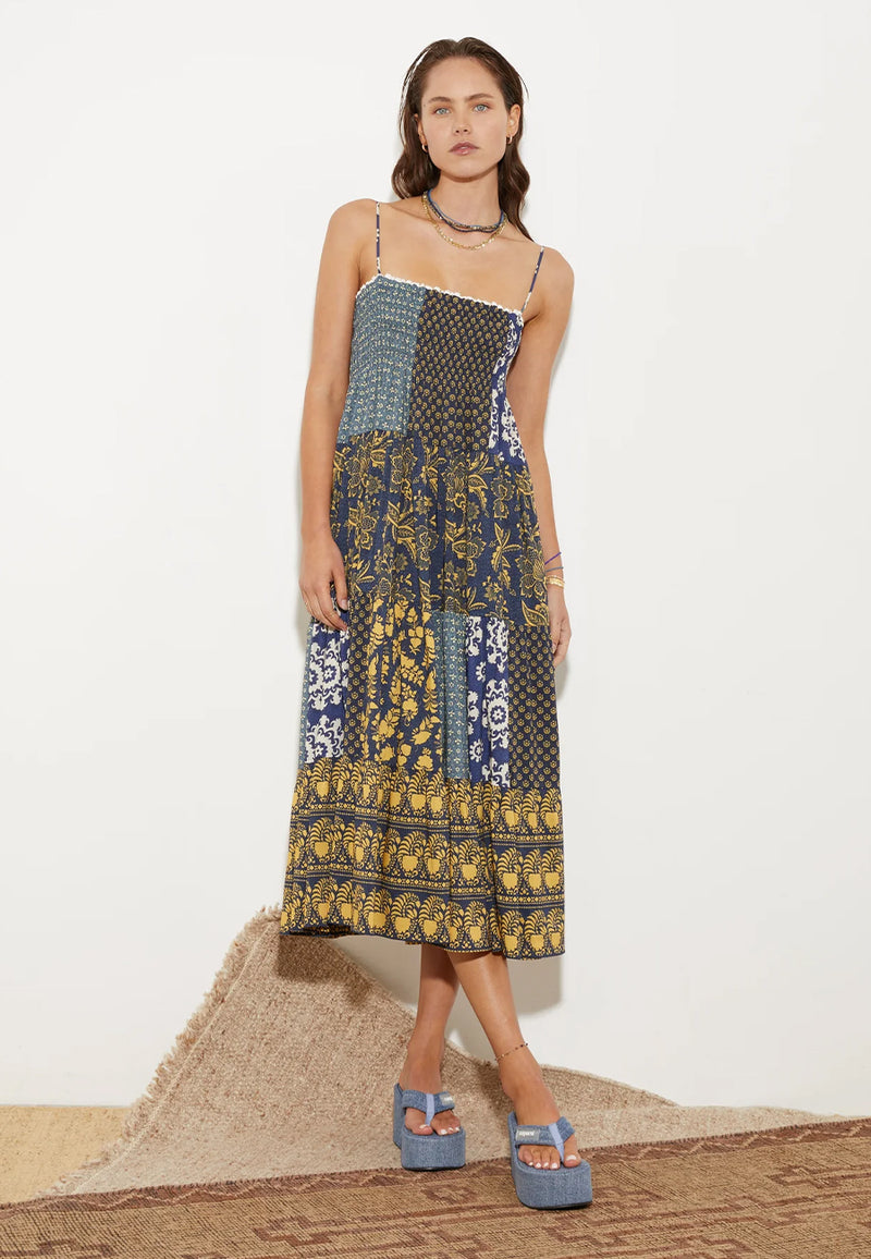 BOTEH Florimonde Tiered Maxi Dress Indigo Patchwork Salt Boutique London