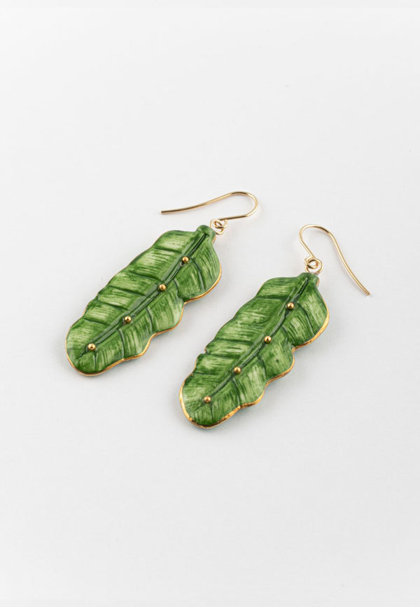 Banana Tree Leaf with Gold Beads pendant earrings - Vibration