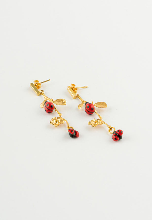 Leafy Branch with Ladybugs Earrings