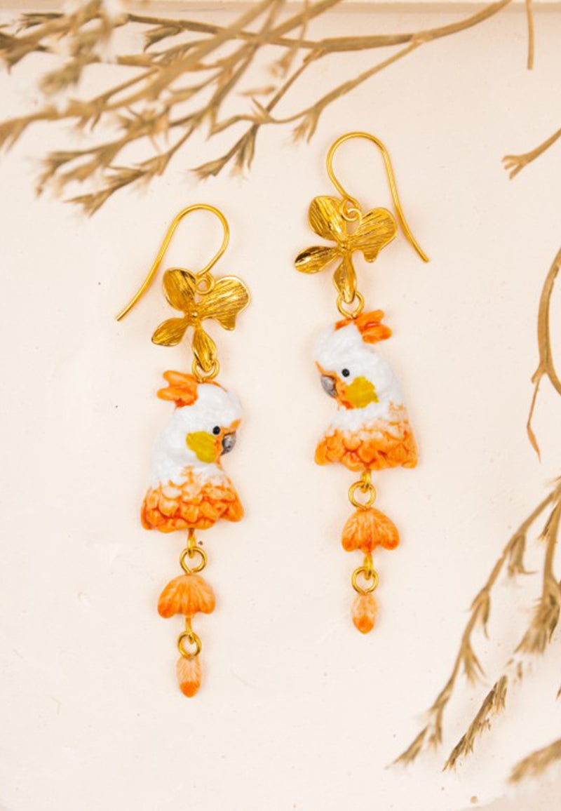 Flowers and cockatoo earrings