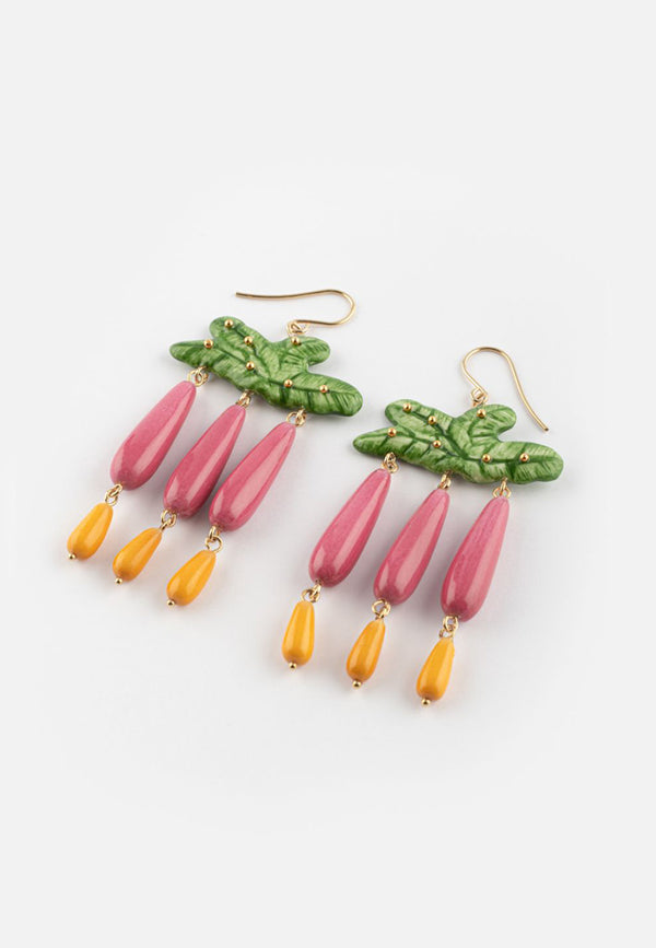 Banana Tree Leaves with Rose & Orange Drops pendant earrings - Vibratio