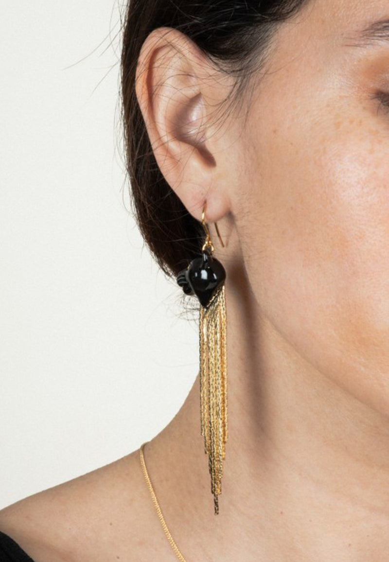 Gold earrings with black fringe on sale
