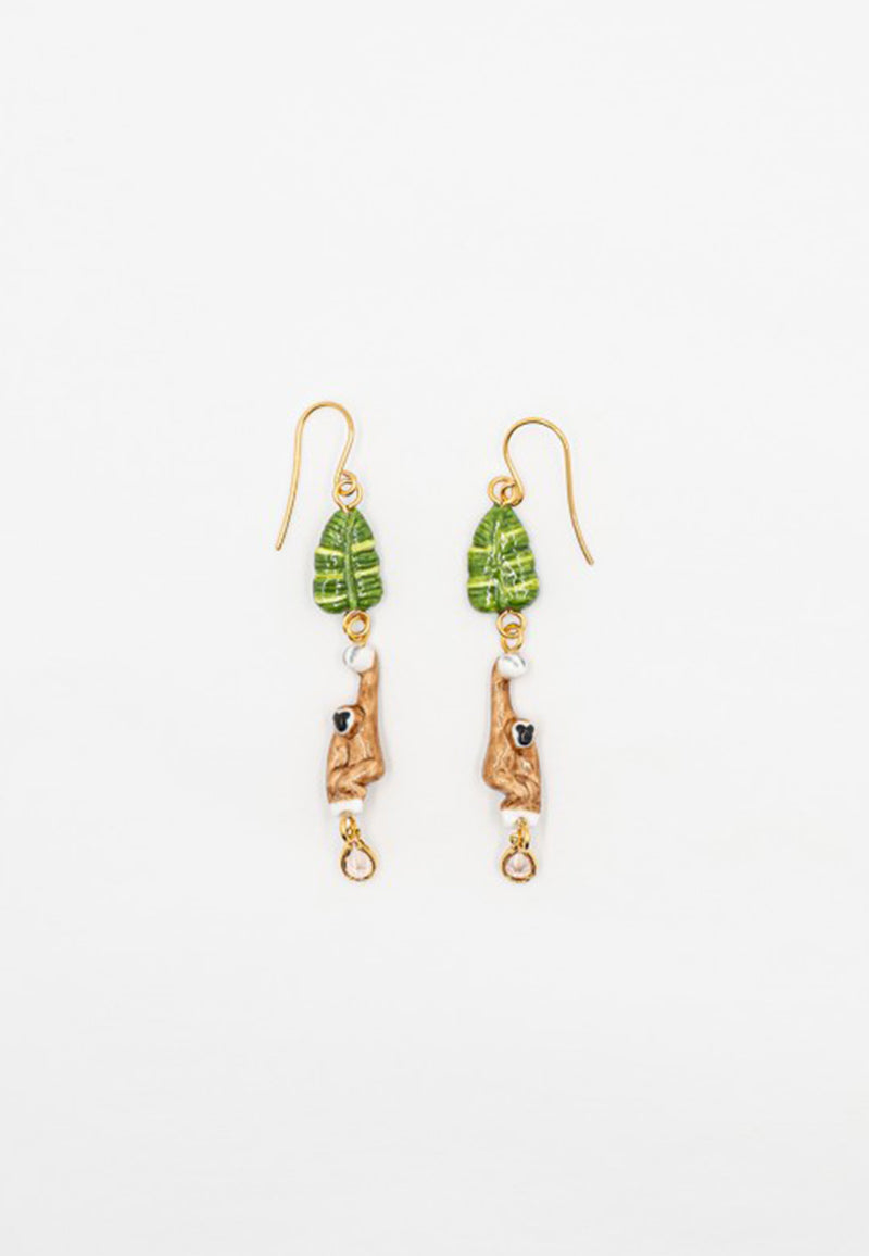 Gibbon & leaf pendant earrings