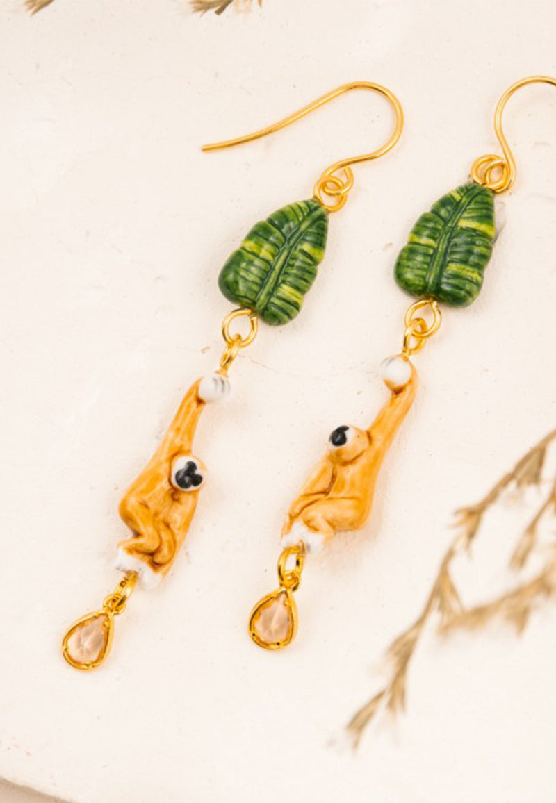 Gibbon & leaf pendant earrings