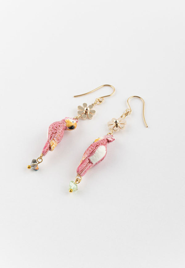 Pink Cockatoo with Multicolor Beads pendant earrings - Vibration