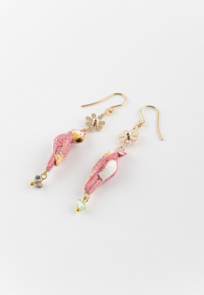 Pink Cockatoo with Multicolor Beads pendant earrings - Vibration
