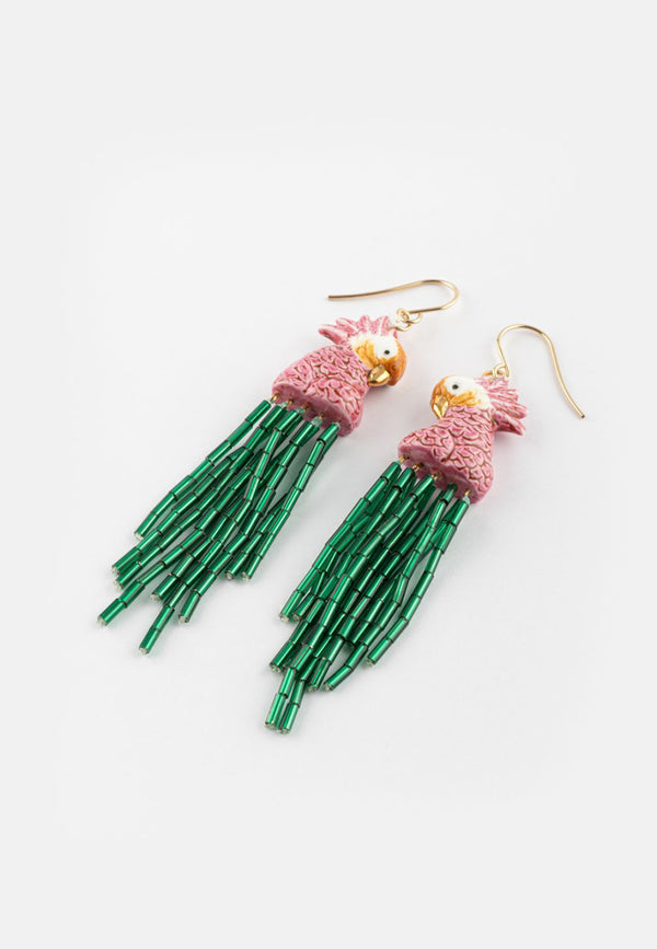 Pink Cockatoo with green beads pendant earrings - Vibration